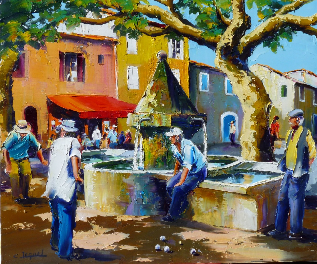 Pétanque devant le lavoir